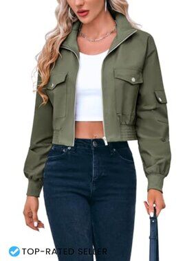 Women's Cropped Bomber Jacket Lightweight Zip Up Casual Short Coat